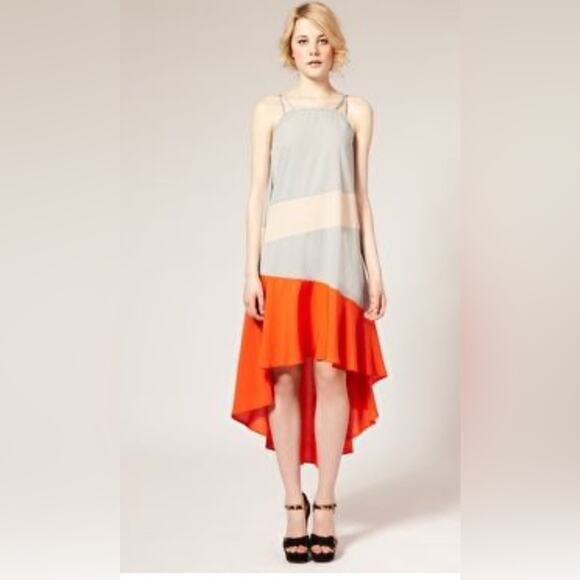 ASOS SILK FLOWY ASYMMETRICAL STRIPE DRESS SZ 2 TIERED COLORBLOCK - Picture 1 of 7